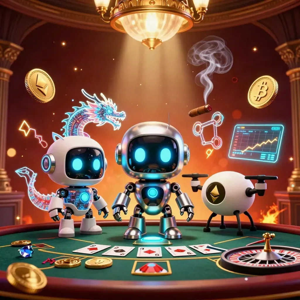 Robot, AI-drake och drone i lyxig casinomiljö med guld, neon och spelglans.