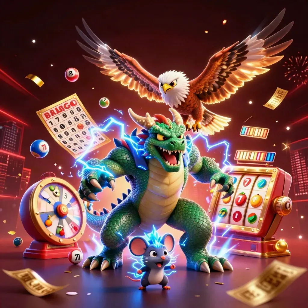 Drak, hök och mus i elektrisk action med mynt, bingo och jackpot i mörkgrön guldglöd.
