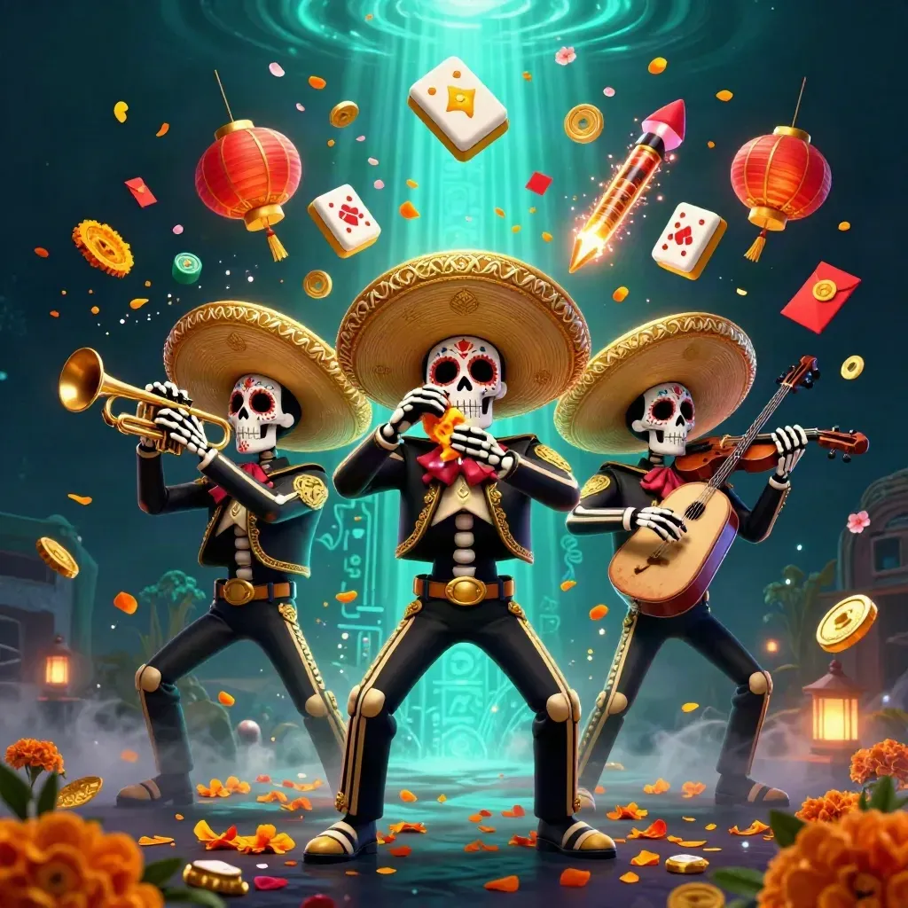 Tre skelettmariachier med guldsombreros bland mynt, lyktor och blomblad i mörkgrön nattcasino-stämning.