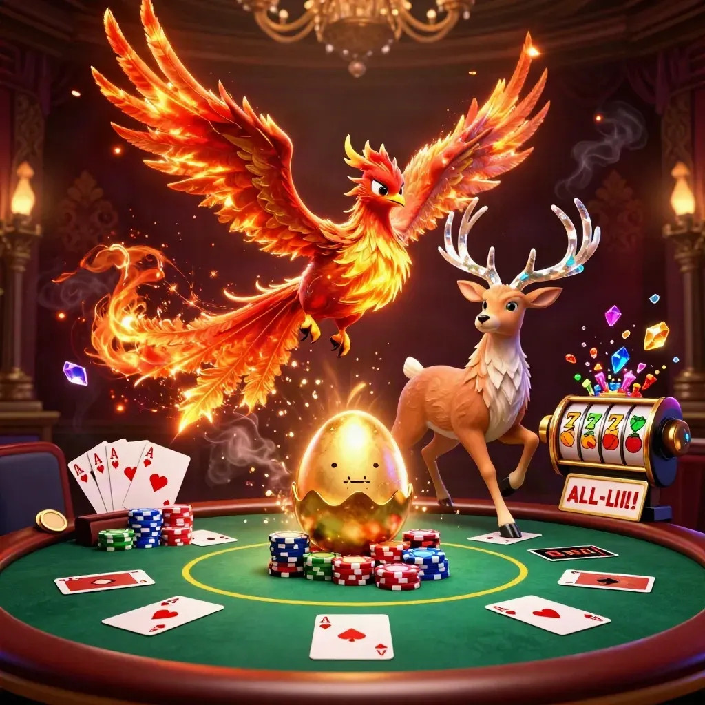 Tre magiska casinodjur med eld, hjort och neon i lyxig nattcasino-stil.