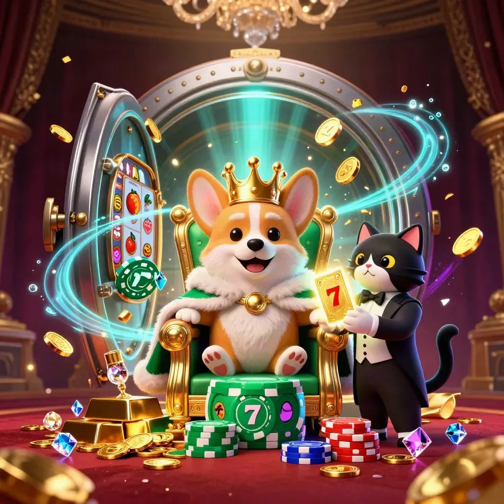 Kunglig corgi och kattbutler vid öppet skattvalv med guld, juveler och lysande casinodetaljer