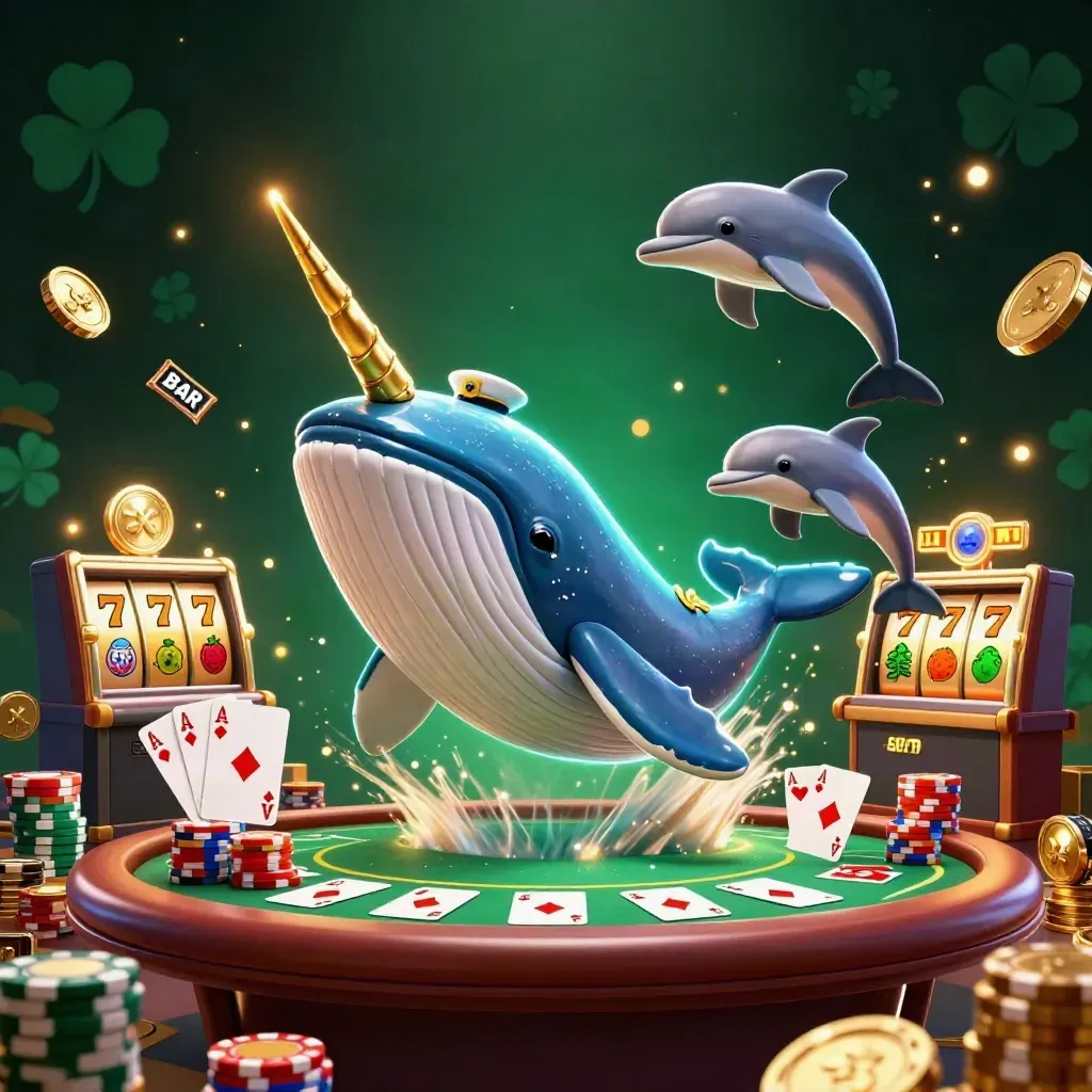 Jätteval i kaptensrock över mynt, med narval, delfiner och glittrig casinostämning.